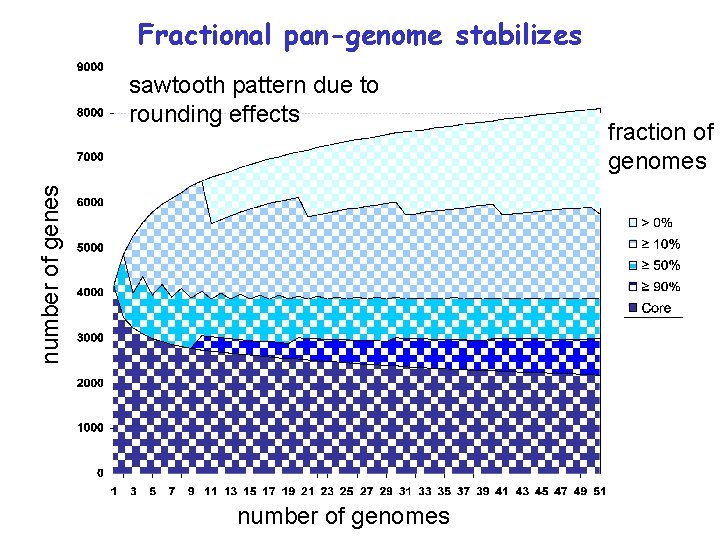 Fractional pan-genome stabilizes number of genes sawtooth pattern due to rounding effects number of