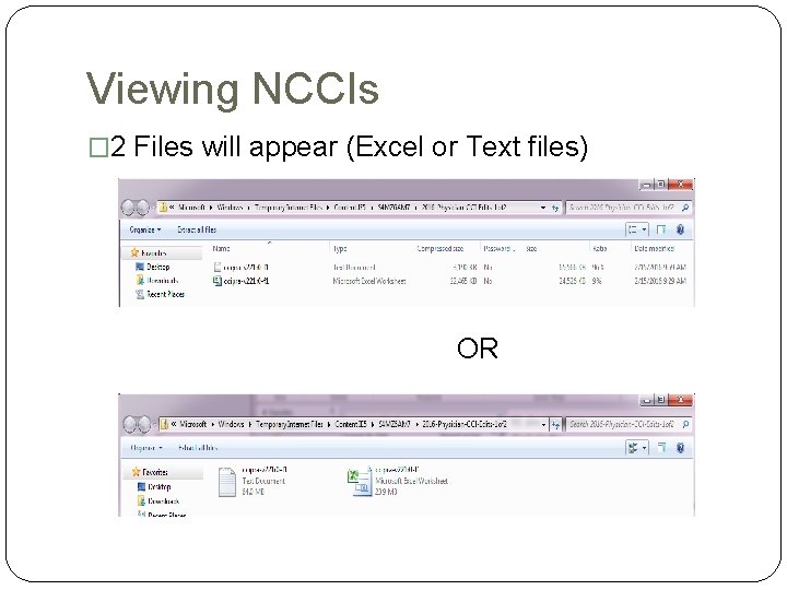 Viewing NCCIs � 2 Files will appear (Excel or Text files) OR Viewing NCCIs � 2 Files will appear (Excel or Text files) OR