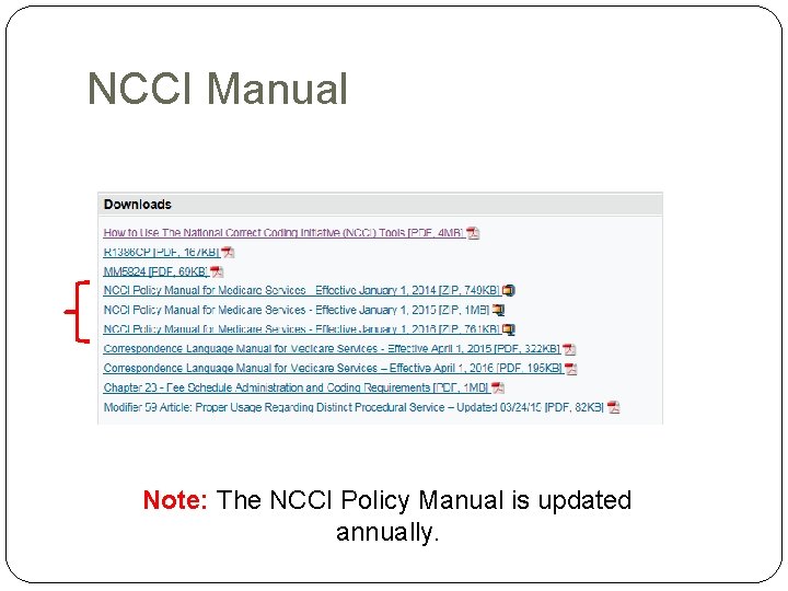 NCCI Manual Note: The NCCI Policy Manual is updated annually. NCCI Manual Note: The NCCI Policy Manual is updated annually.