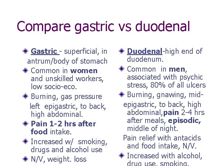 Compare gastric vs duodenal Gastric - superficial, in antrum/body of stomach Common in women