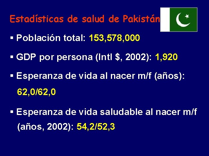 Estadísticas de salud de Pakistán: § Población total: 153, 578, 000 § GDP por