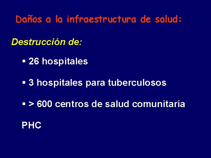 Daños a la infraestructura de salud: Destrucción de: § 26 hospitales § 3 hospitales