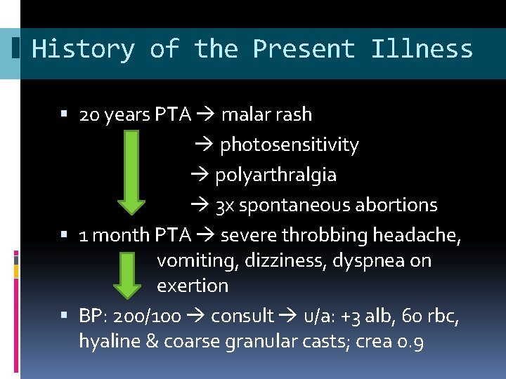 History of the Present Illness 20 years PTA malar rash photosensitivity polyarthralgia 3 x