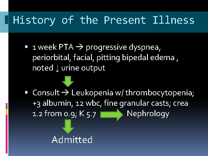 History of the Present Illness 1 week PTA progressive dyspnea, periorbital, facial, pitting bipedal