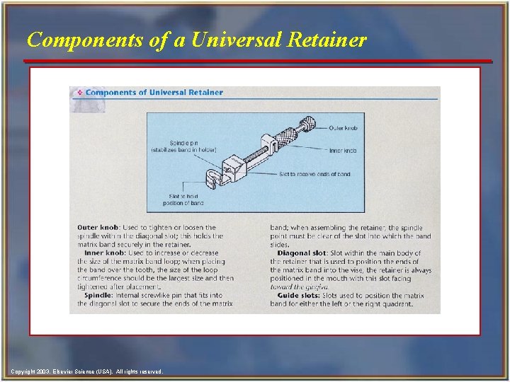 Components of a Universal Retainer Copyright 2003, Elsevier Science (USA). All rights reserved. 