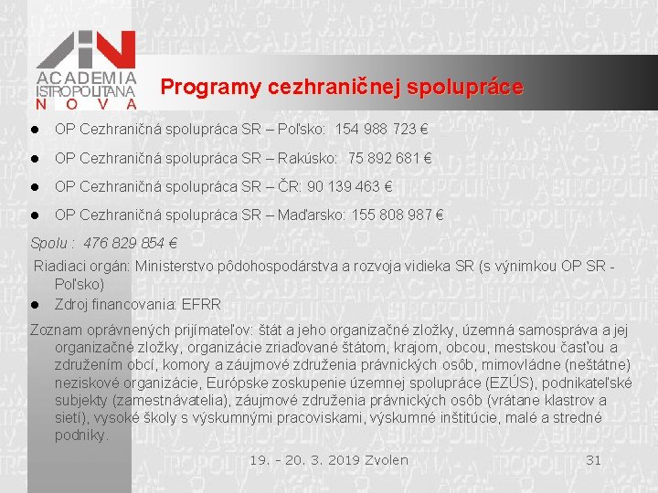 Programy cezhraničnej spolupráce l OP Cezhraničná spolupráca SR – Poľsko: 154 988 723 €