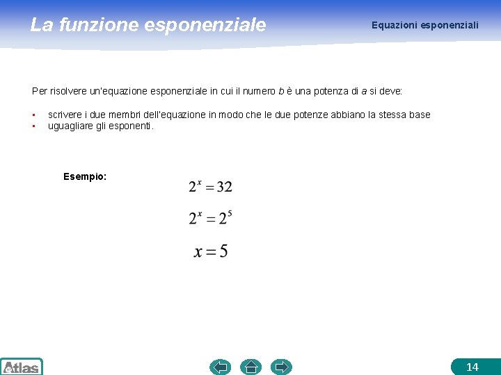 La funzione esponenziale Equazioni esponenziali Per risolvere un’equazione esponenziale in cui il numero b