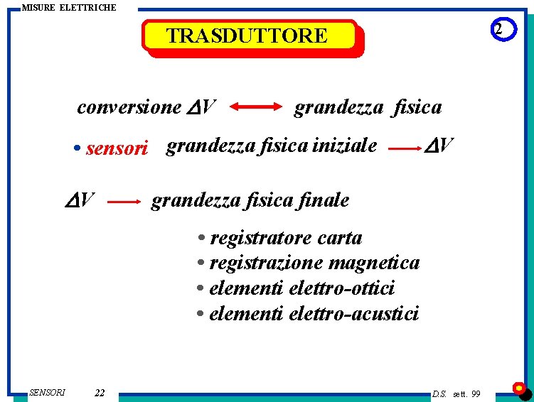 MISURE ELETTRICHE 2 TRASDUTTORE conversione DV grandezza fisica • sensori grandezza fisica iniziale DV MISURE ELETTRICHE 2 TRASDUTTORE conversione DV grandezza fisica • sensori grandezza fisica iniziale DV