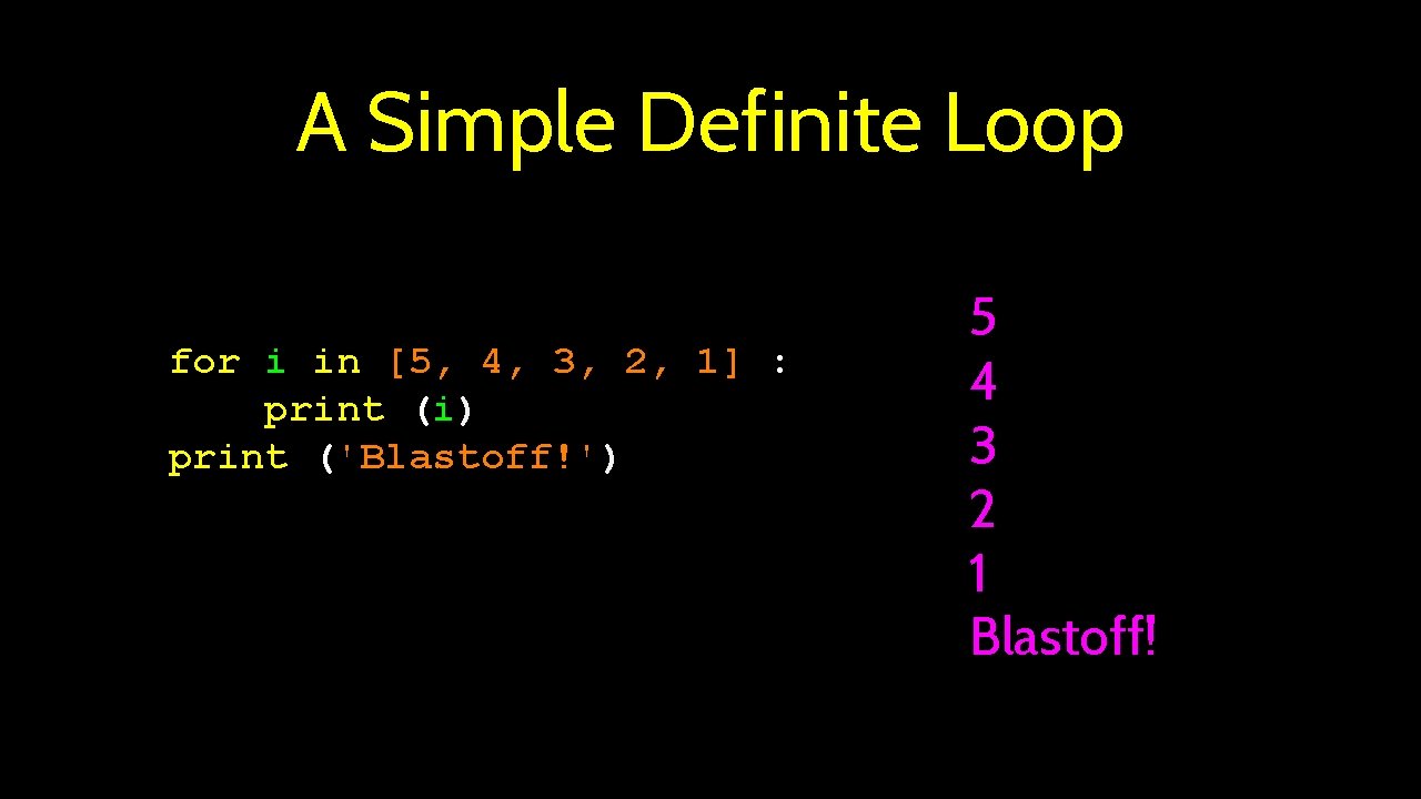 A Simple Definite Loop for i in [5, 4, 3, 2, 1] : print