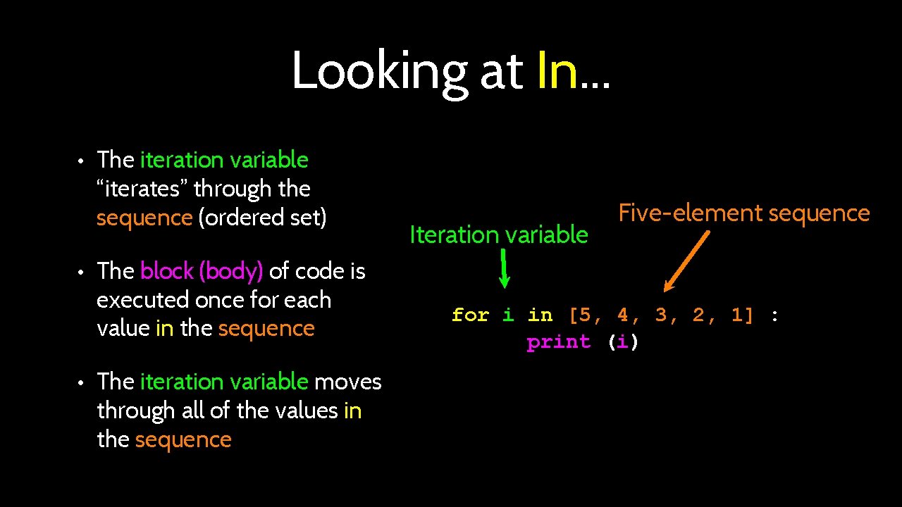 Looking at In. . . • The iteration variable “iterates” through the sequence (ordered