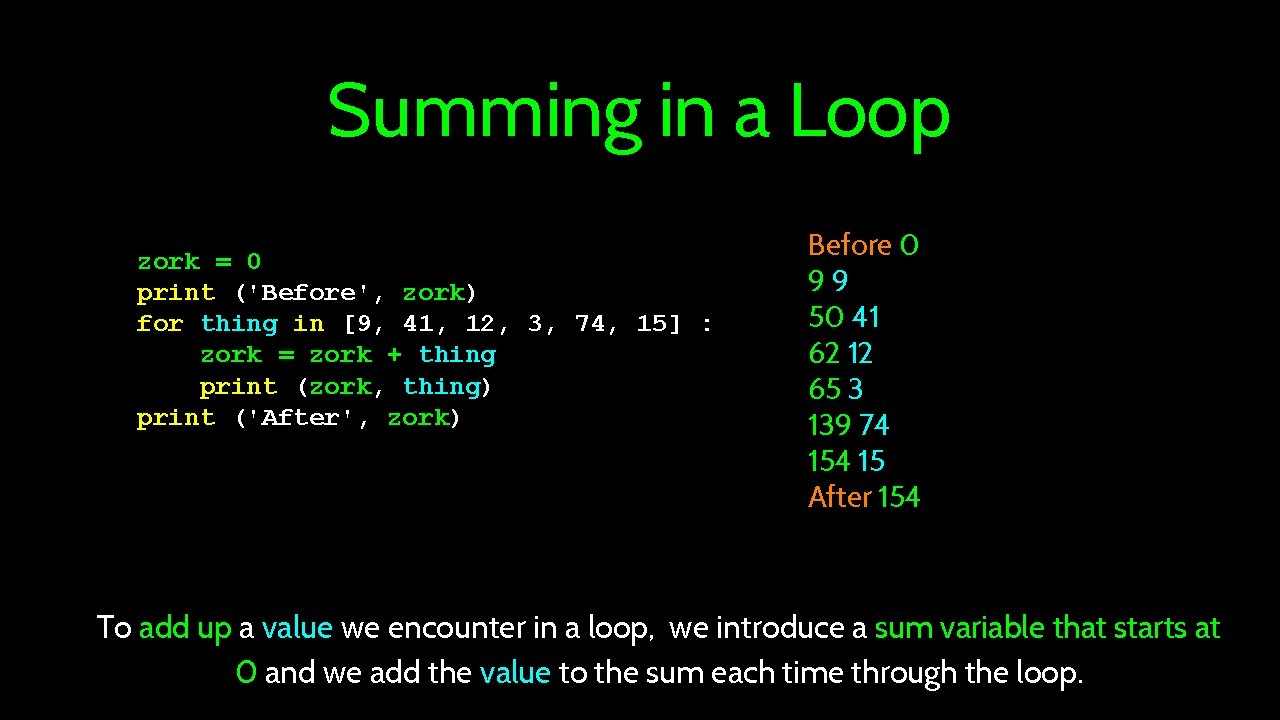 Summing in a Loop zork = 0 print ('Before', zork) for thing in [9,