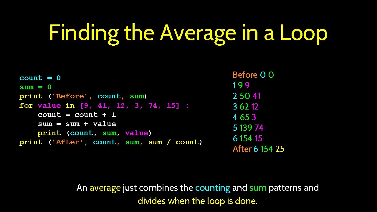 Finding the Average in a Loop count = 0 sum = 0 print ('Before',