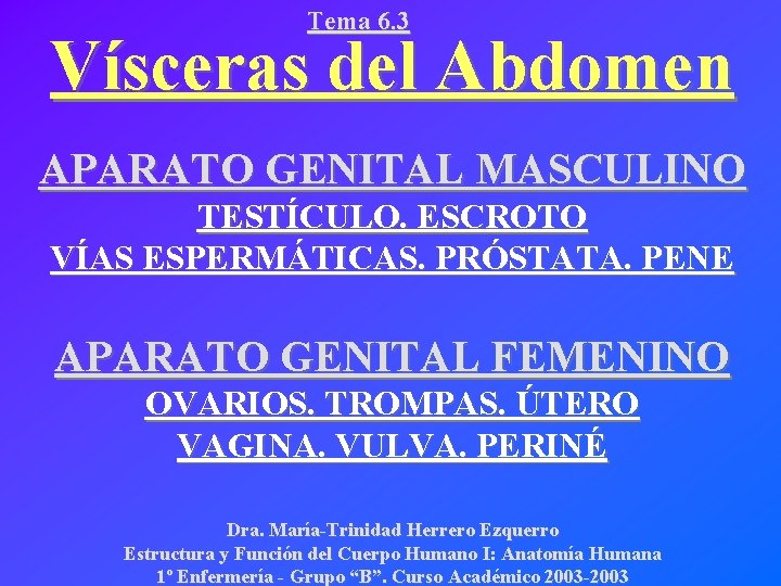 Tema 6. 3 Vísceras del Abdomen APARATO GENITAL MASCULINO TESTÍCULO. ESCROTO VÍAS ESPERMÁTICAS. PRÓSTATA.