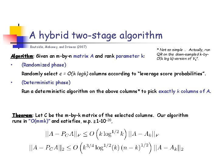 A hybrid two-stage algorithm Boutsidis, Mahoney, and Drineas (2007) Algorithm: Given an m-by-n matrix