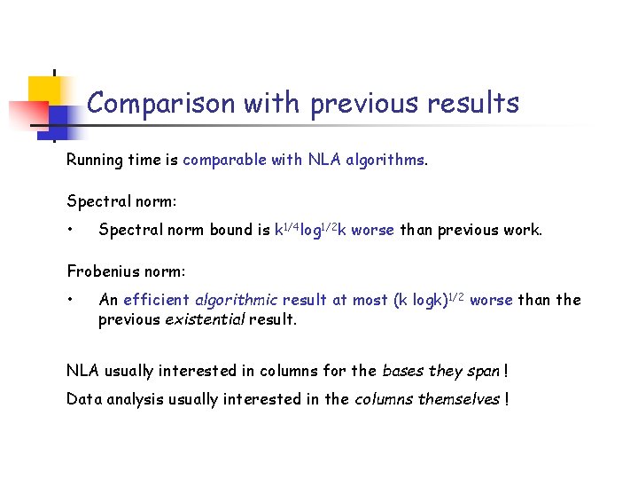 Comparison with previous results Running time is comparable with NLA algorithms. Spectral norm: •