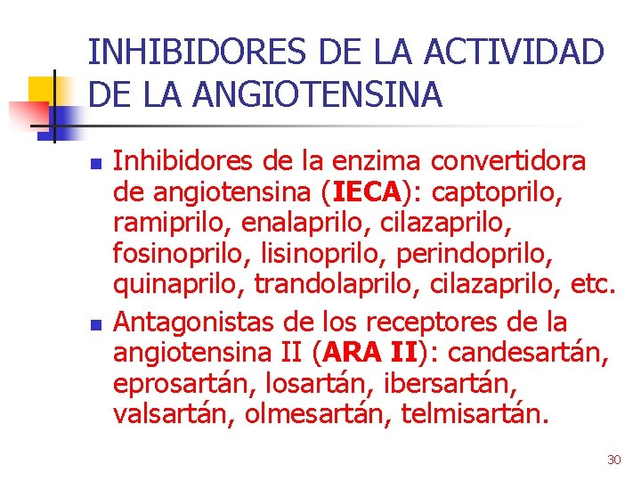 INHIBIDORES DE LA ACTIVIDAD DE LA ANGIOTENSINA n n Inhibidores de la enzima convertidora