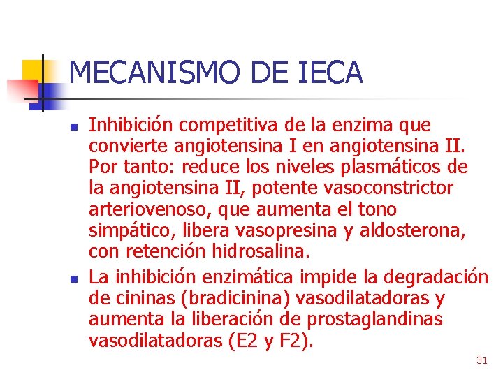 MECANISMO DE IECA n n Inhibición competitiva de la enzima que convierte angiotensina I