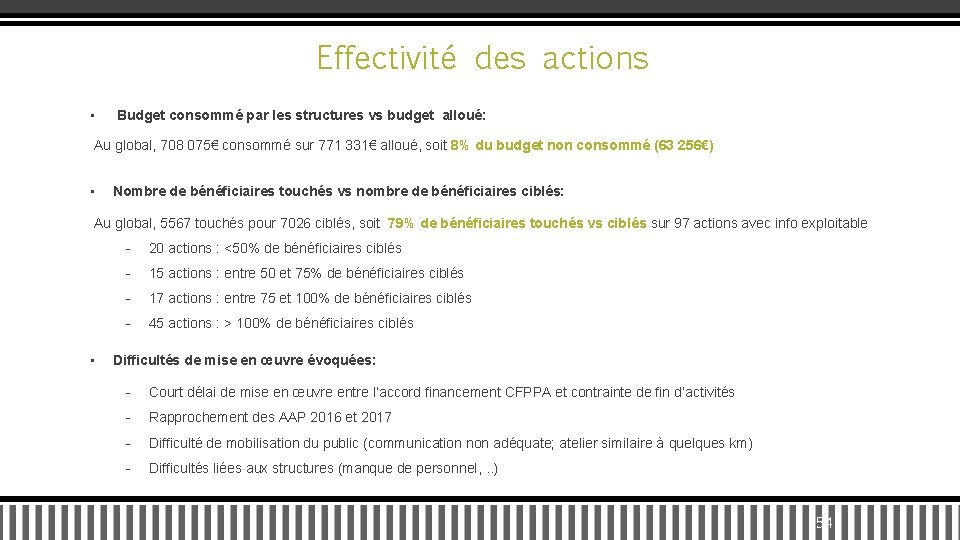 Effectivité des actions • Budget consommé par les structures vs budget alloué: Au global,