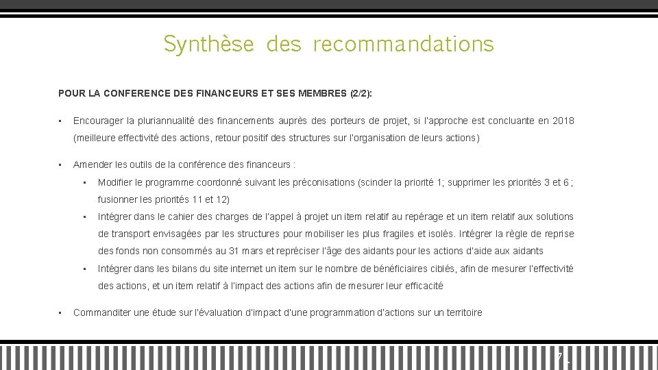 Synthèse des recommandations POUR LA CONFERENCE DES FINANCEURS ET SES MEMBRES (2/2): • /)