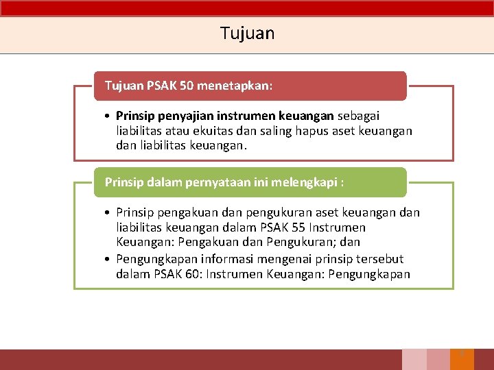 Tujuan PSAK 50 menetapkan: • Prinsip penyajian instrumen keuangan sebagai liabilitas atau ekuitas dan