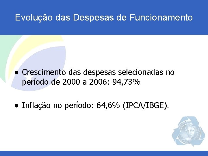 Evolução das Despesas de Funcionamento l Crescimento das despesas selecionadas no período de 2000