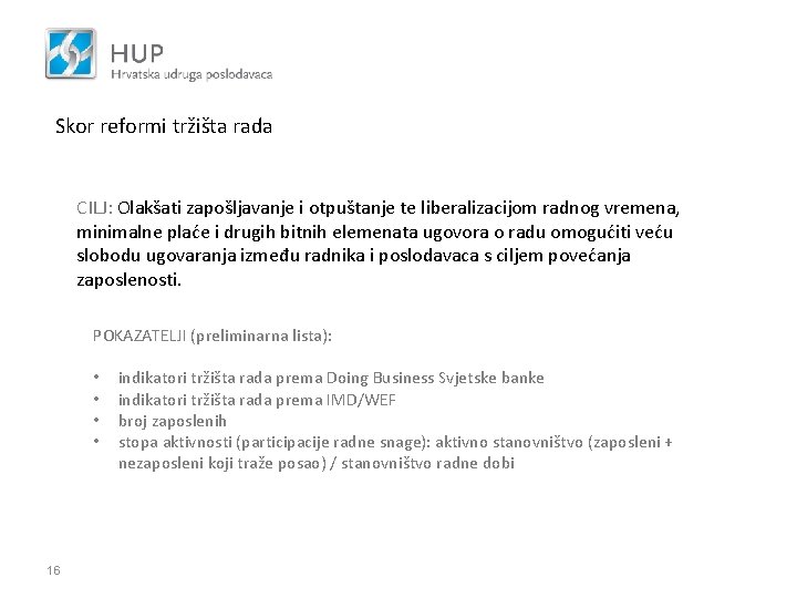 Skor reformi tržišta rada CILJ: Olakšati zapošljavanje i otpuštanje te liberalizacijom radnog vremena, minimalne