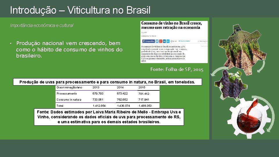 Introdução – Viticultura no Brasil Importância econômica e cultural • Produção nacional vem crescendo,