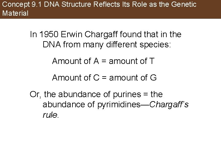Concept 9. 1 DNA Structure Reflects Its Role as the Genetic Material In 1950