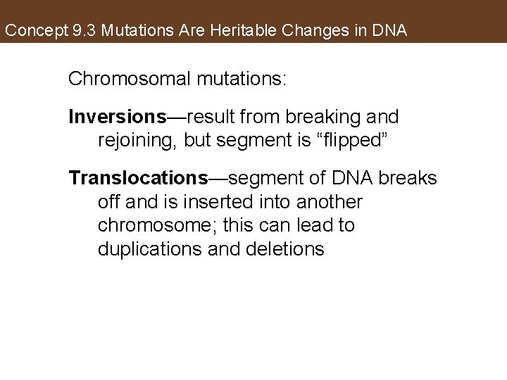 Concept 9. 3 Mutations Are Heritable Changes in DNA Chromosomal mutations: Inversions—result from breaking