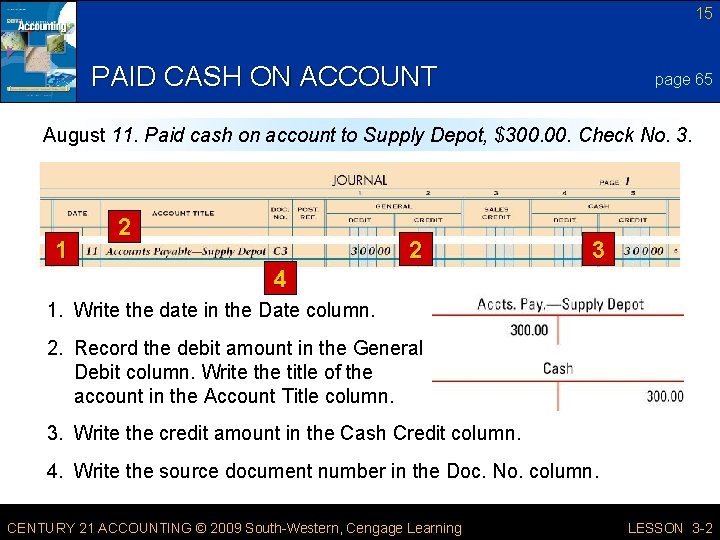 15 PAID CASH ON ACCOUNT page 65 August 11. Paid cash on account to