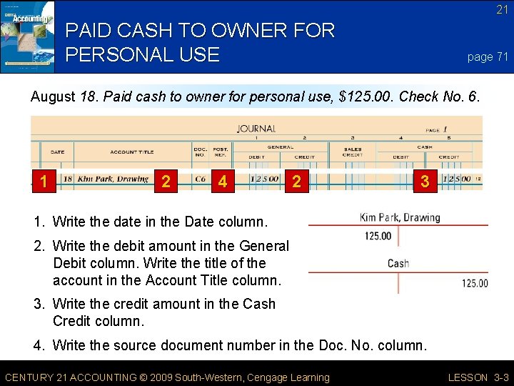 21 PAID CASH TO OWNER FOR PERSONAL USE page 71 August 18. Paid cash