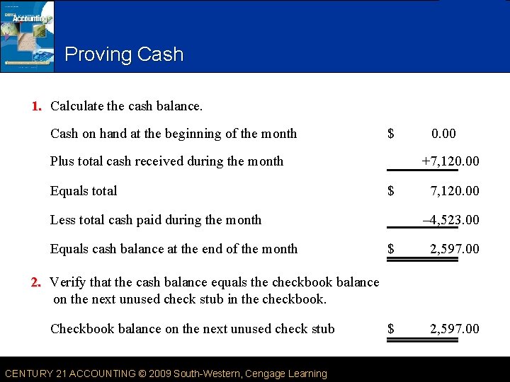 SLIDE 29 Proving Cash 1. Calculate the cash balance. Cash on hand at the