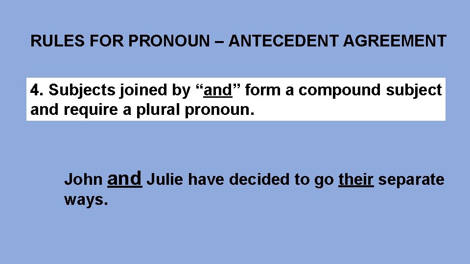 RULES FOR PRONOUN – ANTECEDENT AGREEMENT 4. Subjects joined by “and” form a compound