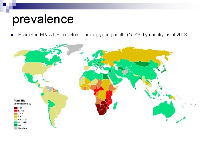 prevalence n Estimated HIV/AIDS prevalence among young adults (15 -49) by country as of