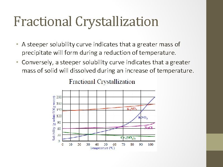 Fractional Crystallization • A steeper solubility curve indicates that a greater mass of precipitate