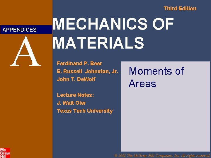 Third Edition APPENDICES A MECHANICS OF MATERIALS Ferdinand P. Beer E. Russell Johnston, Jr.