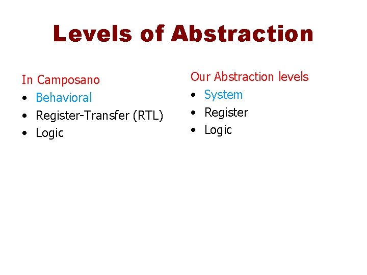 Levels of Abstraction In Camposano • Behavioral • Register-Transfer (RTL) • Logic Our Abstraction