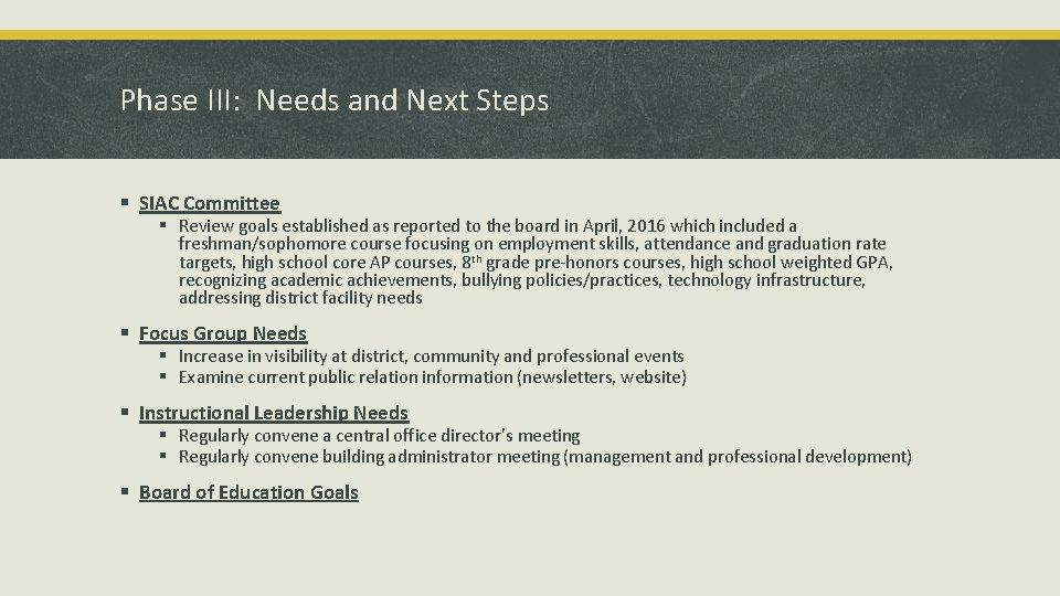 Phase III: Needs and Next Steps § SIAC Committee § Review goals established as Phase III: Needs and Next Steps § SIAC Committee § Review goals established as