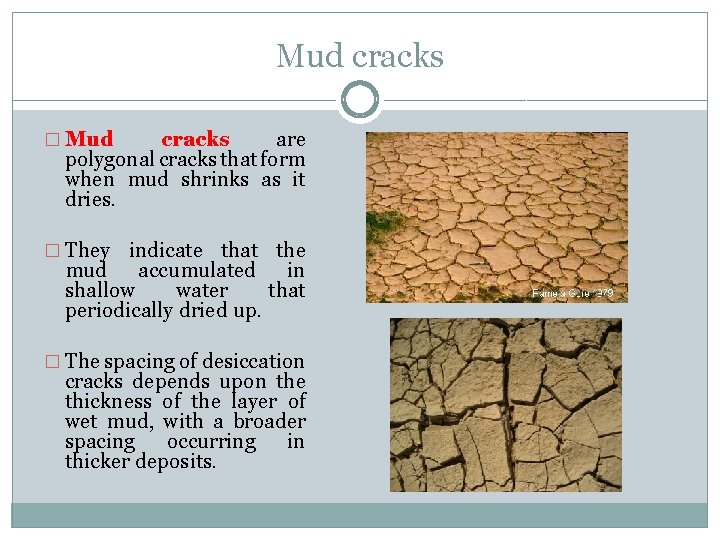 Mud cracks � Mud cracks are polygonal cracks that form when mud shrinks as