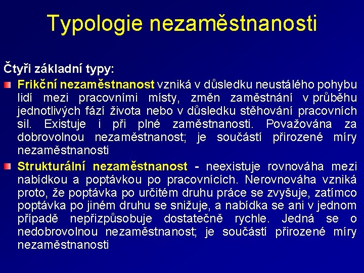 Typologie nezaměstnanosti Čtyři základní typy: Frikční nezaměstnanost vzniká v důsledku neustálého pohybu lidí mezi