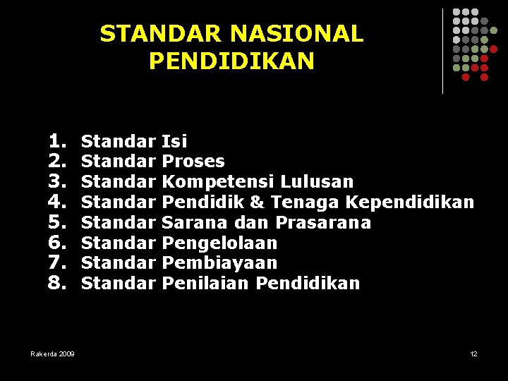 STANDAR NASIONAL PENDIDIKAN 1. 2. 3. 4. 5. 6. 7. 8. Rakerda 2009 Standar