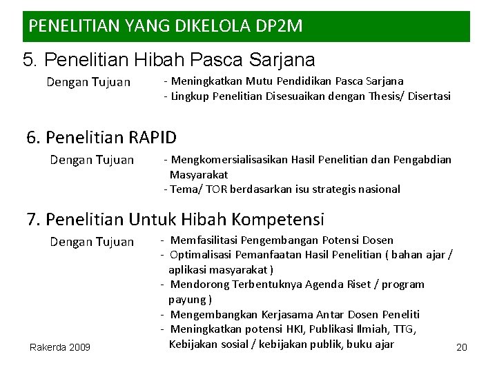 PENELITIAN YANG DIKELOLA DP 2 M 5. Penelitian Hibah Pasca Sarjana Dengan Tujuan -