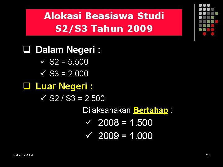 Alokasi Beasiswa Studi S 2/S 3 Tahun 2009 q Dalam Negeri : ü S