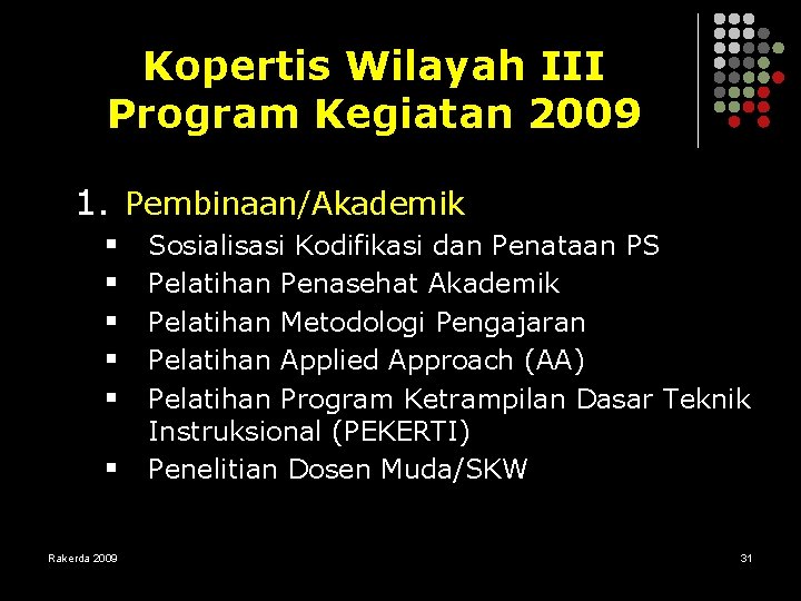Kopertis Wilayah III Program Kegiatan 2009 1. Pembinaan/Akademik § § § Sosialisasi Kodifikasi dan