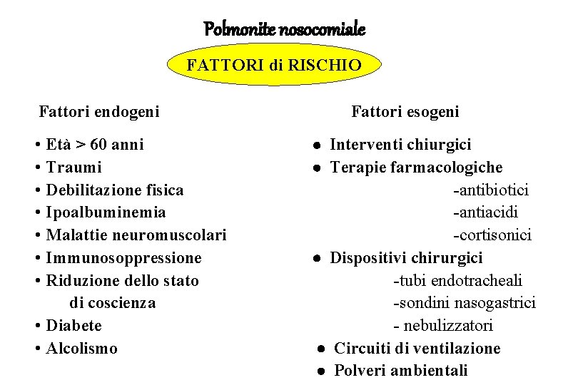 Polmonite nosocomiale FATTORI di RISCHIO Fattori endogeni • Età > 60 anni • Traumi