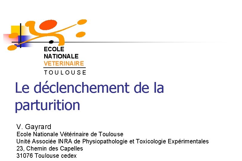 ECOLE NATIONALE VETERINAIRE TOULOUSE Le déclenchement de la parturition V. Gayrard Ecole Nationale Vétérinaire