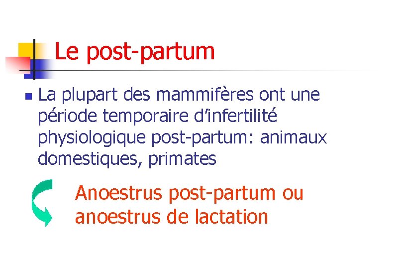 Le post-partum n La plupart des mammifères ont une période temporaire d’infertilité physiologique post-partum: