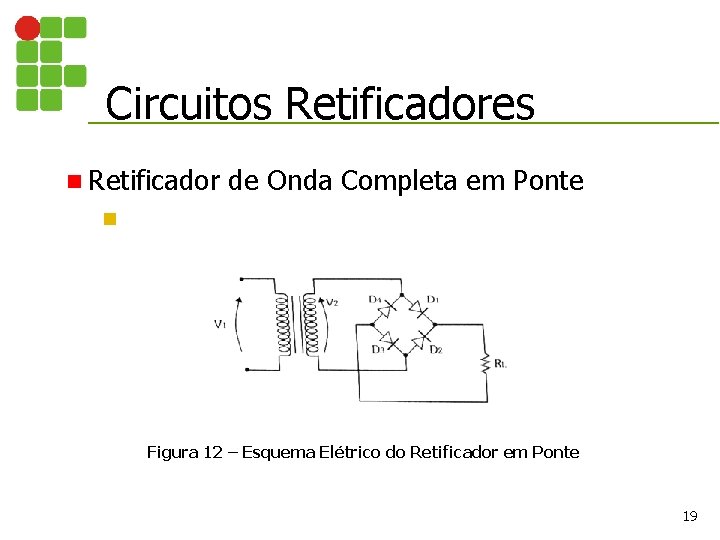 Circuitos Retificadores n Retificador de Onda Completa em Ponte n Figura 12 – Esquema