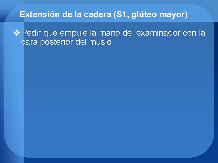 Extensión de la cadera (S 1, glúteo mayor) v Pedir que empuje la mano