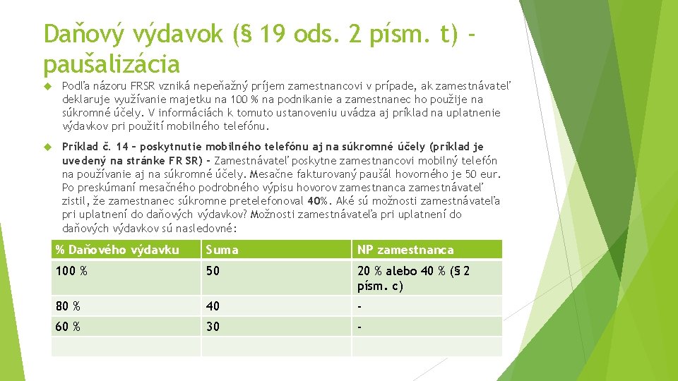 Daňový výdavok (§ 19 ods. 2 písm. t) paušalizácia Podľa názoru FRSR vzniká nepeňažný Daňový výdavok (§ 19 ods. 2 písm. t) paušalizácia Podľa názoru FRSR vzniká nepeňažný